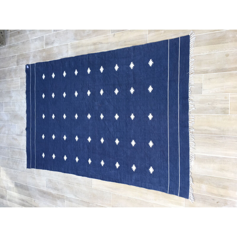 Tapis vintage kilim en coton bleu indigo, France