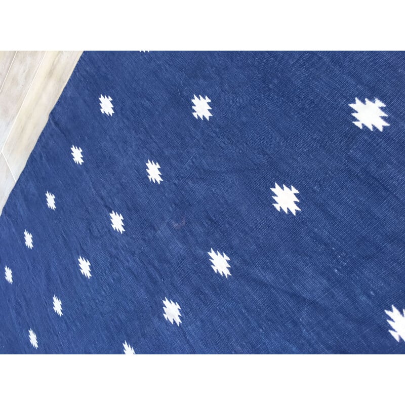 Vintage kilim carpet in indigo blue cotton, France
