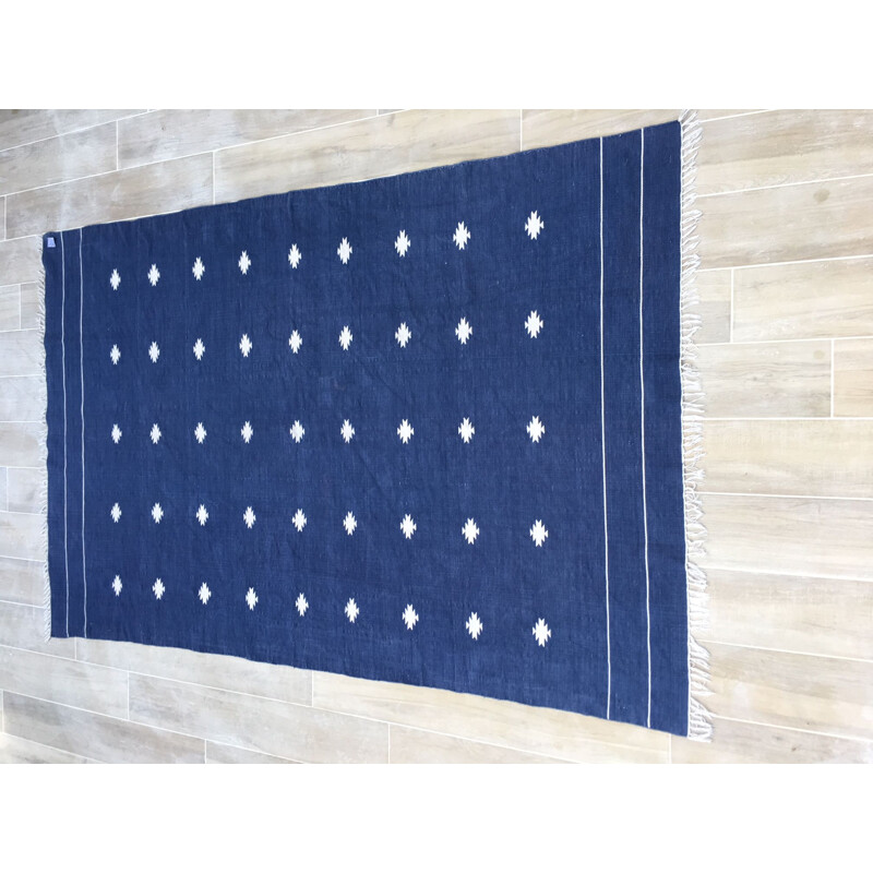 Vintage kilim carpet in indigo blue cotton, France