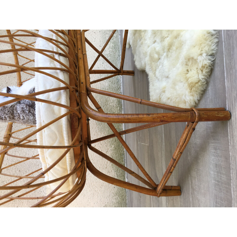 Vintage cradle in rattan, organic mattress in wool, cotton and coconut fibers, France