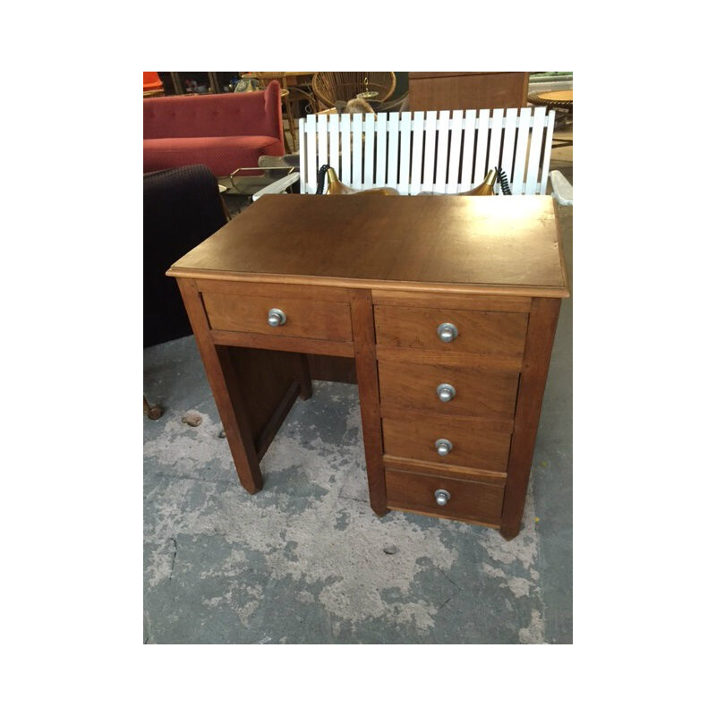 Bureau vintage en bois plaqué chêne - 1950