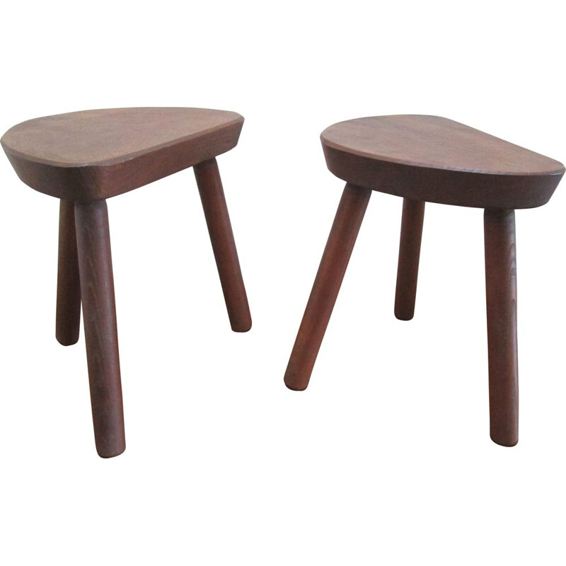 Pair of vintage wooden tripod stools, 1960