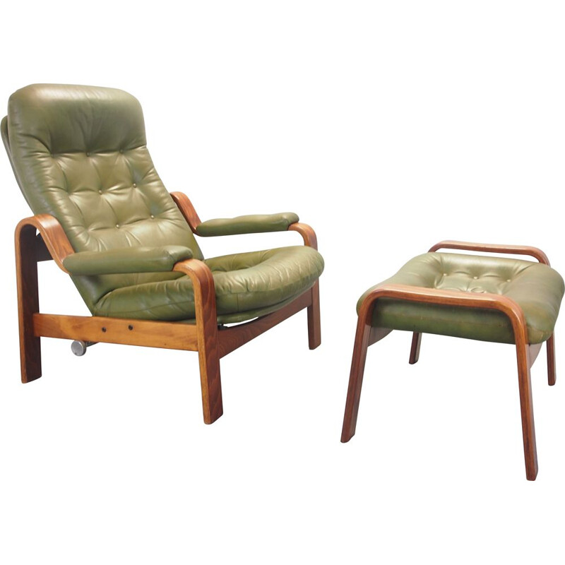 Vintage lounge chair with green leather and ottoman by G-Mobel, 1970s