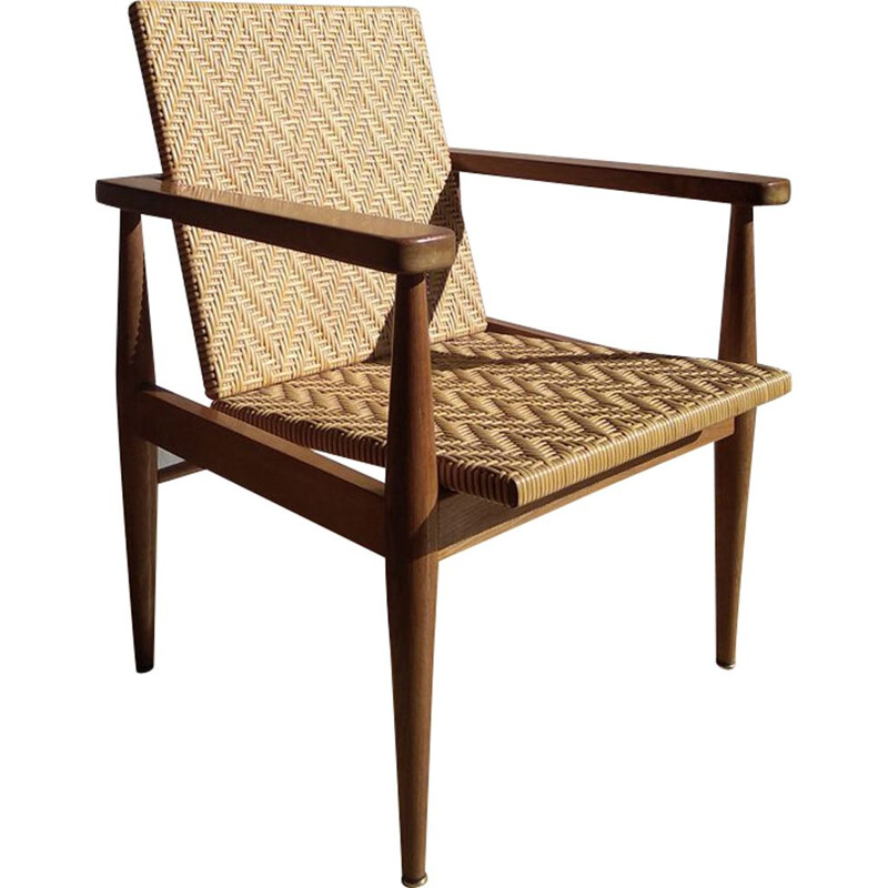Vintage rattan and oak chair, France, 1950-60s