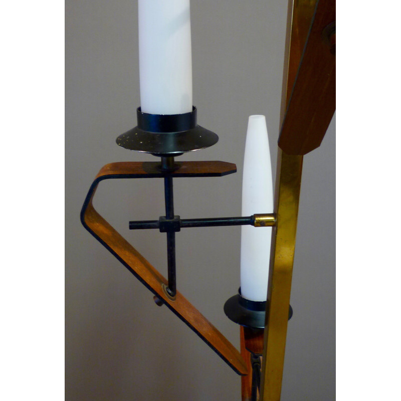 Lampadaire vintage en métal, teck, laiton et opaline - 1950