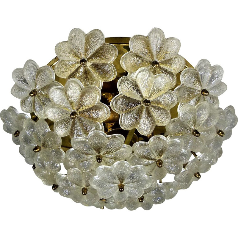 Vintage glass and brass flower ceiling lamp by Palwa, Germany 1960s