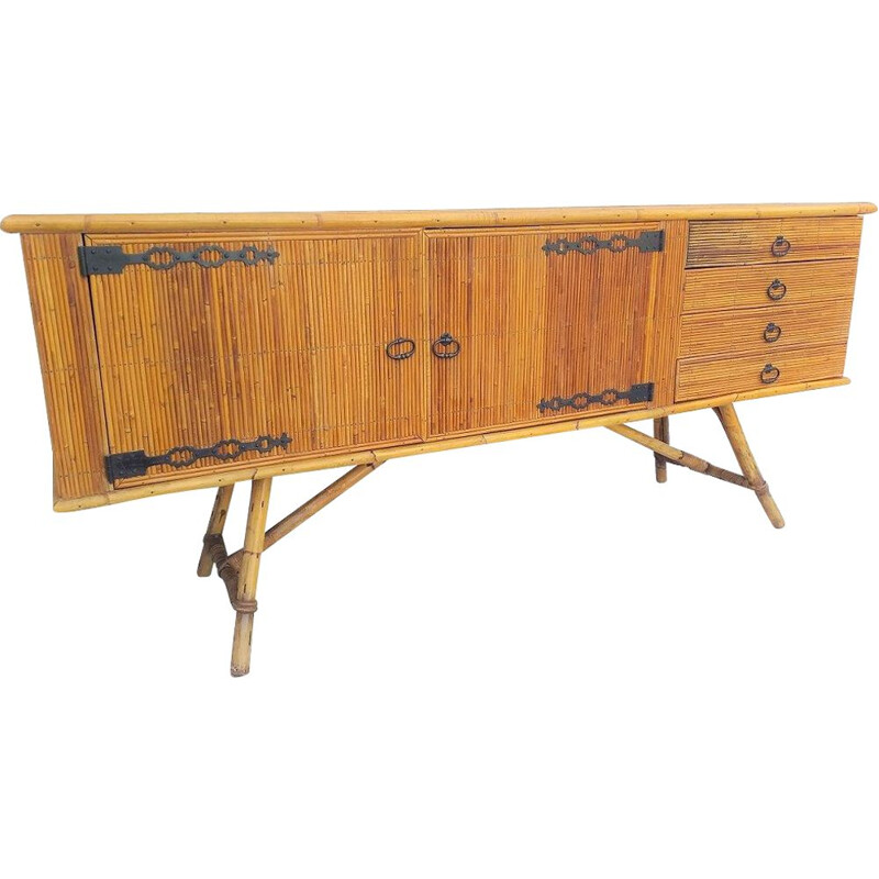 Vintage sideboard in rattan by Audoux et Minet 1970