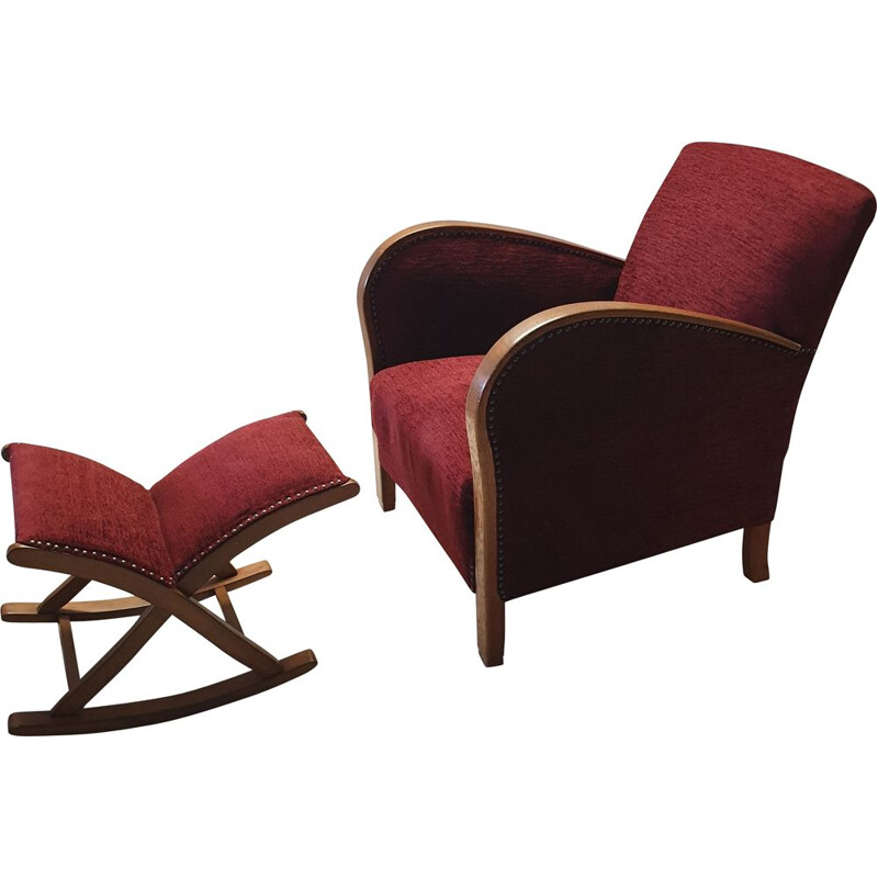 Vintage armchair with ottoman in oak and red fabric