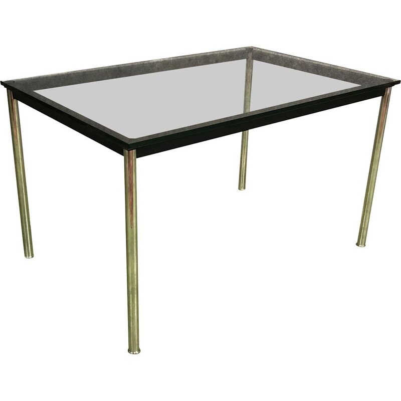 Table vintage en aluminium avec plateau en verre