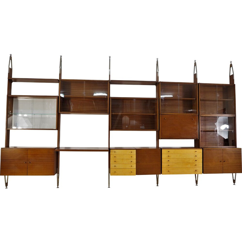Vintage wall unit in mahogany and brass from Jitona