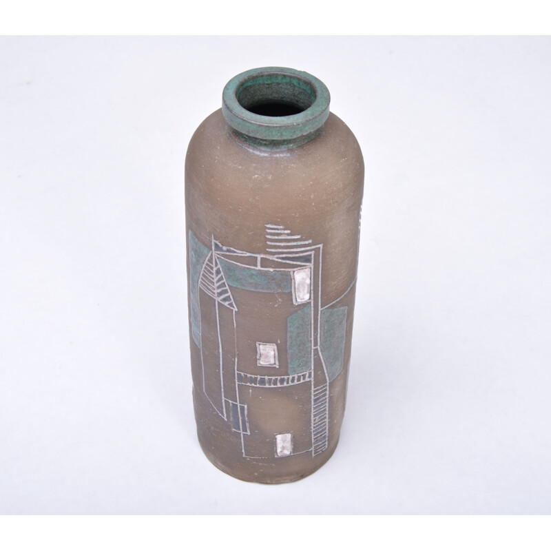 Vintage stoneware vase with graphic design