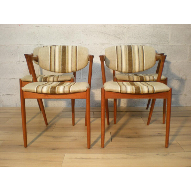Pair of 4 chairs in teak and fabric, Kai KRISTIANSEN - 1950