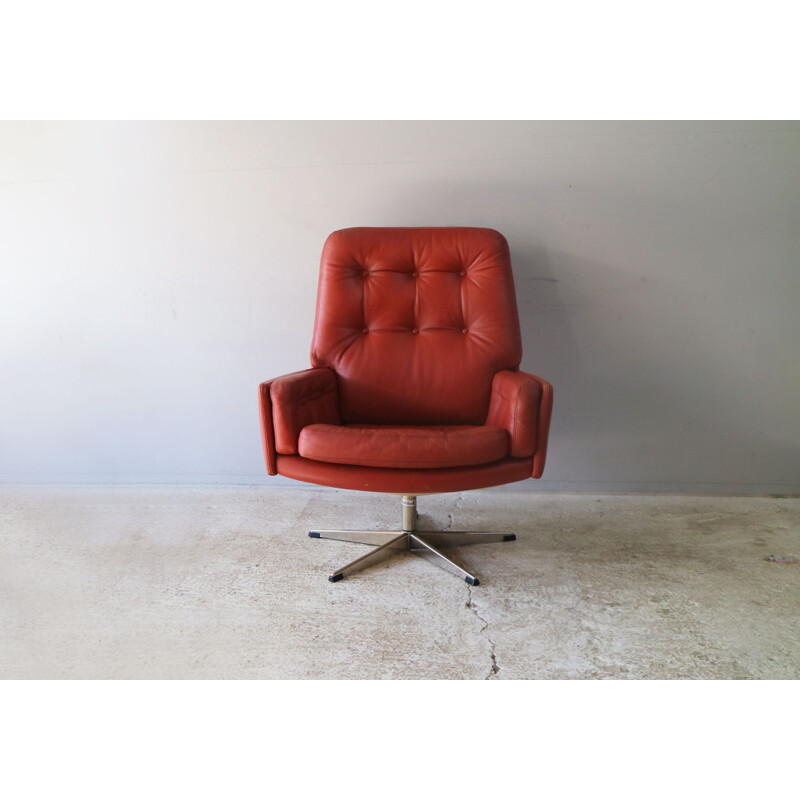 Fauteuil lounge pivotant en cuir vintage, 1960