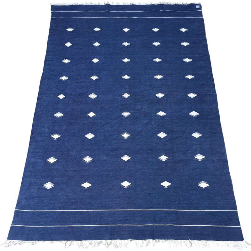 Vintage kilim carpet in indigo blue cotton, France