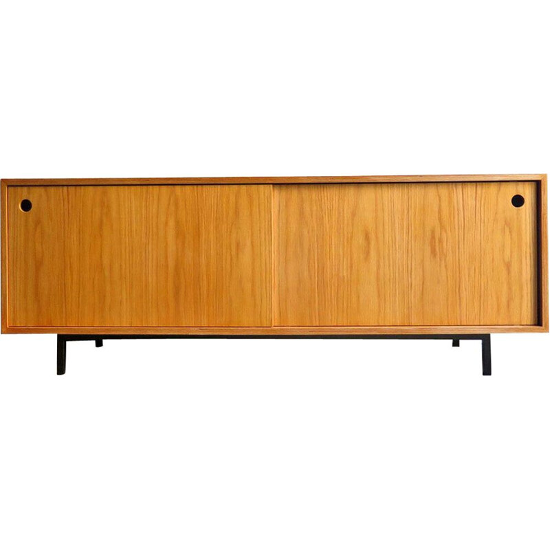 Vintage low sideboard in oak and metel