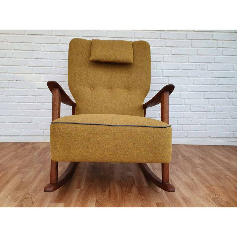 Fritz Hansen rocking chair, model 9020, oak wood, reupholstered, 50s
