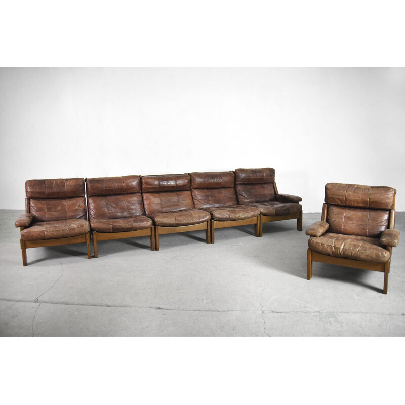 Vintage 5-pieces modular leather Oak Sofa & Armchair, Netherlands, 1960s