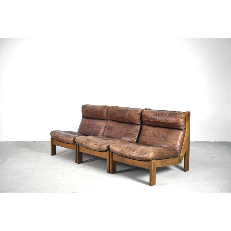 Vintage 5-pieces modular leather Oak Sofa & Armchair, Netherlands, 1960s