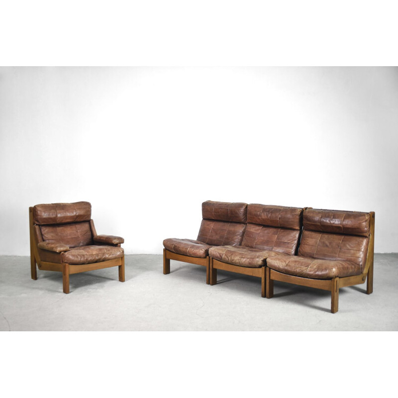 Vintage 5-pieces modular leather Oak Sofa & Armchair, Netherlands, 1960s