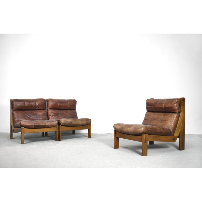 Vintage 5-pieces modular leather Oak Sofa & Armchair, Netherlands, 1960s