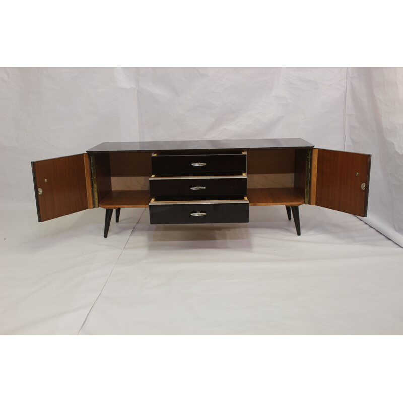 Vintage wooden sideboard varnished brown, France, 1950