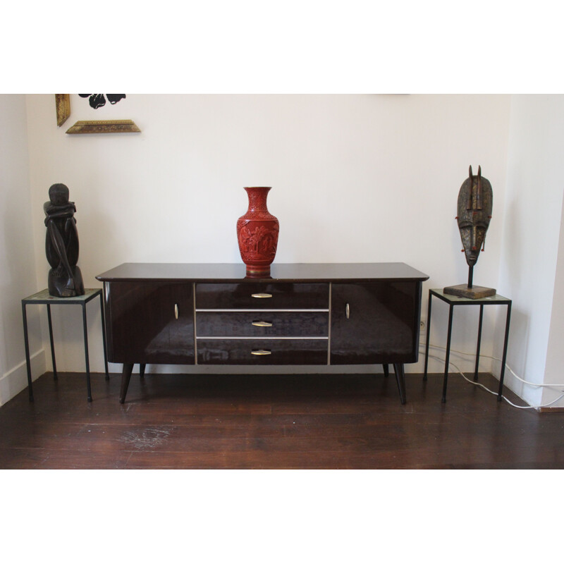 Vintage wooden sideboard varnished brown, France, 1950