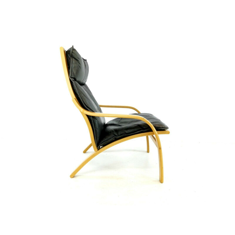 Fauteuil vintage en bois courbé et cuir, Danemark, 1970