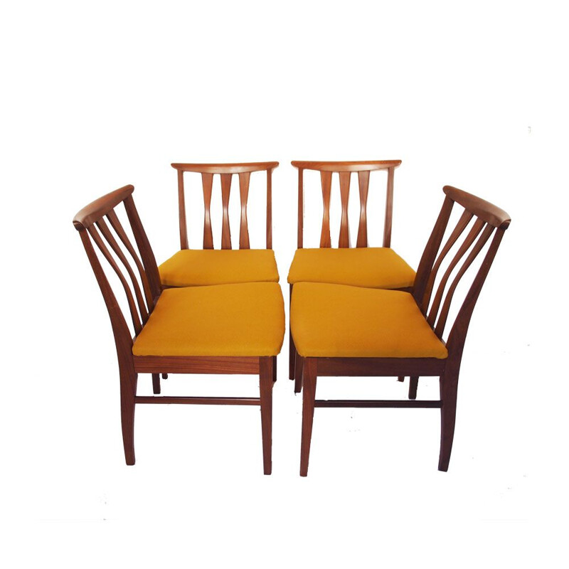Set of 4 vintage Scandinavian yellow chairs in teak 1960s