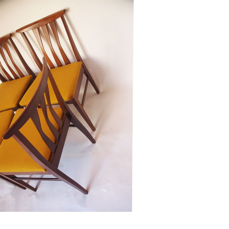 Set of 4 vintage Scandinavian yellow chairs in teak 1960s