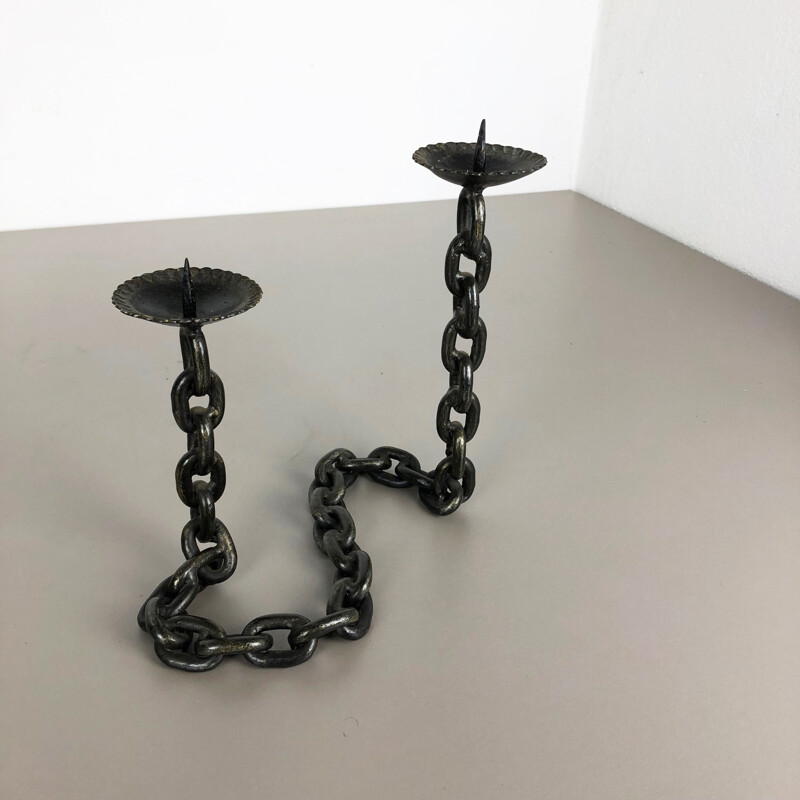 Vintage Brutalist Candleholder with Chain Metal, France, 1970s