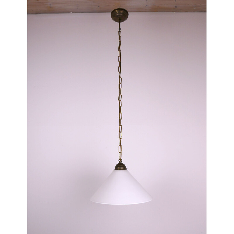 Vintage Hanging Lamp in Brass and white Glass, Germany 1940s