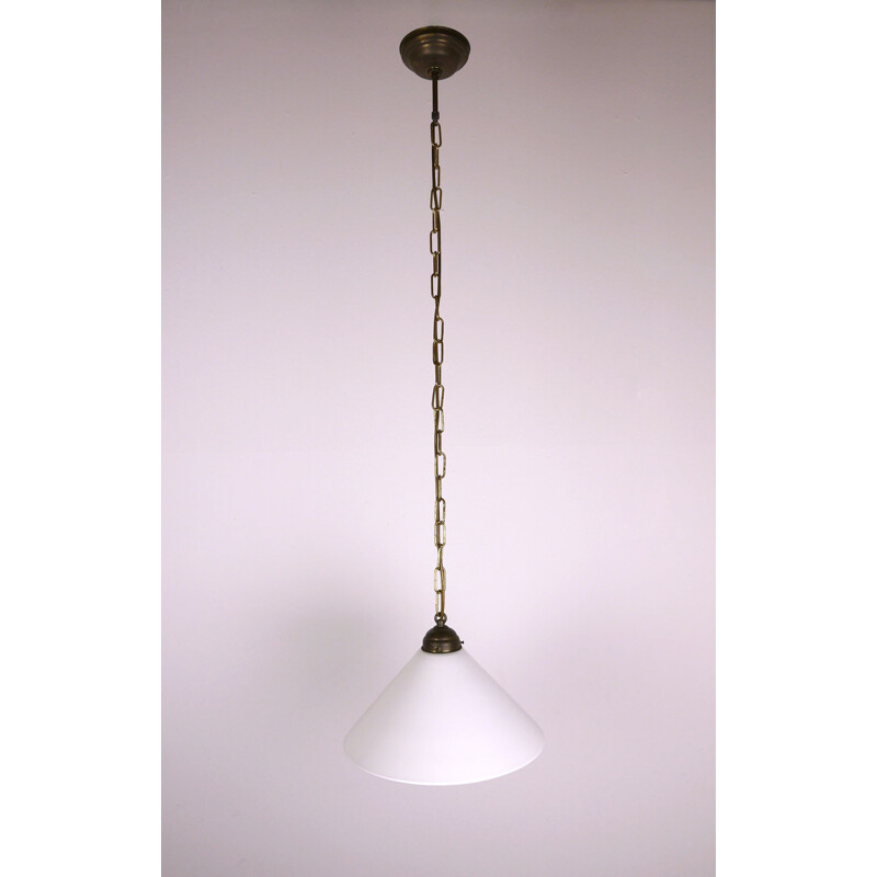 Vintage Hanging Lamp in Brass and white Glass, Germany 1940s