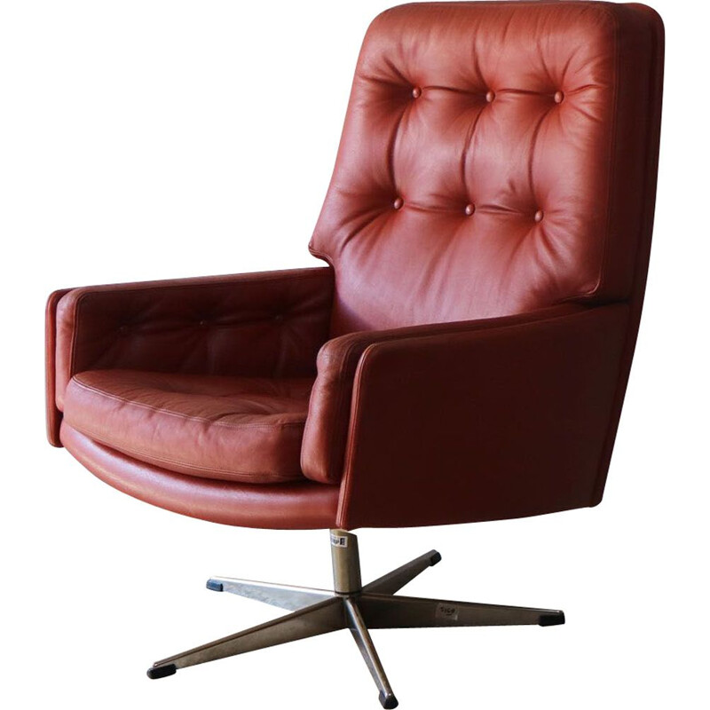 Fauteuil lounge pivotant en cuir vintage, 1960