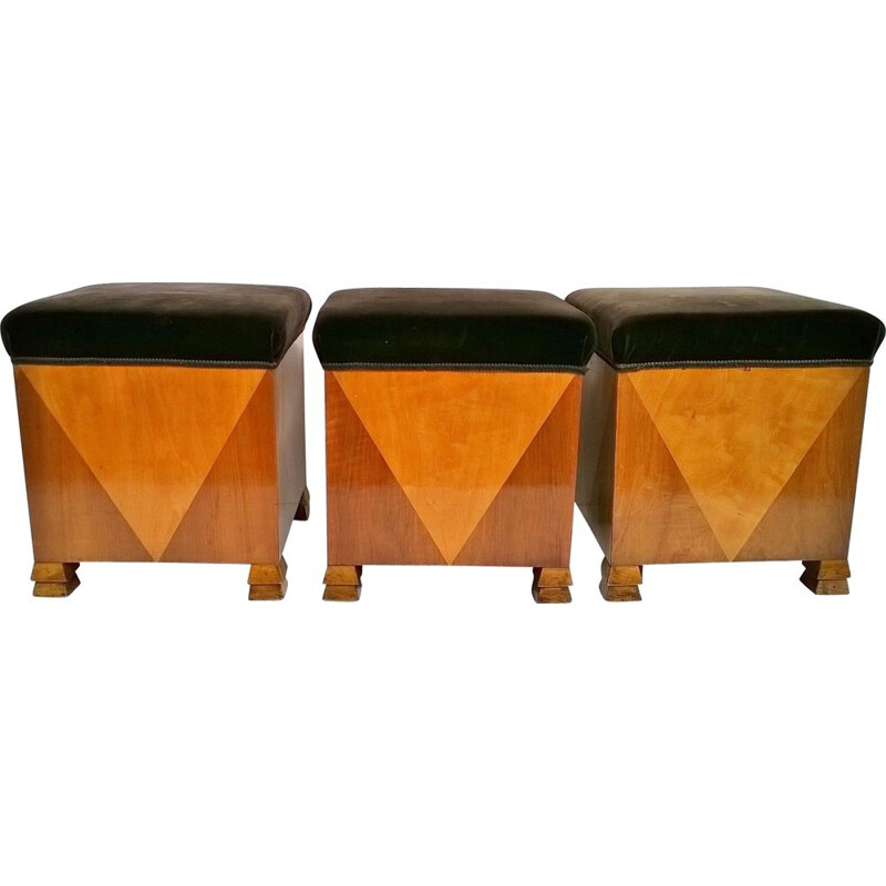 Set of 3 vintage poufs with art deco style, Italy, 1920s.