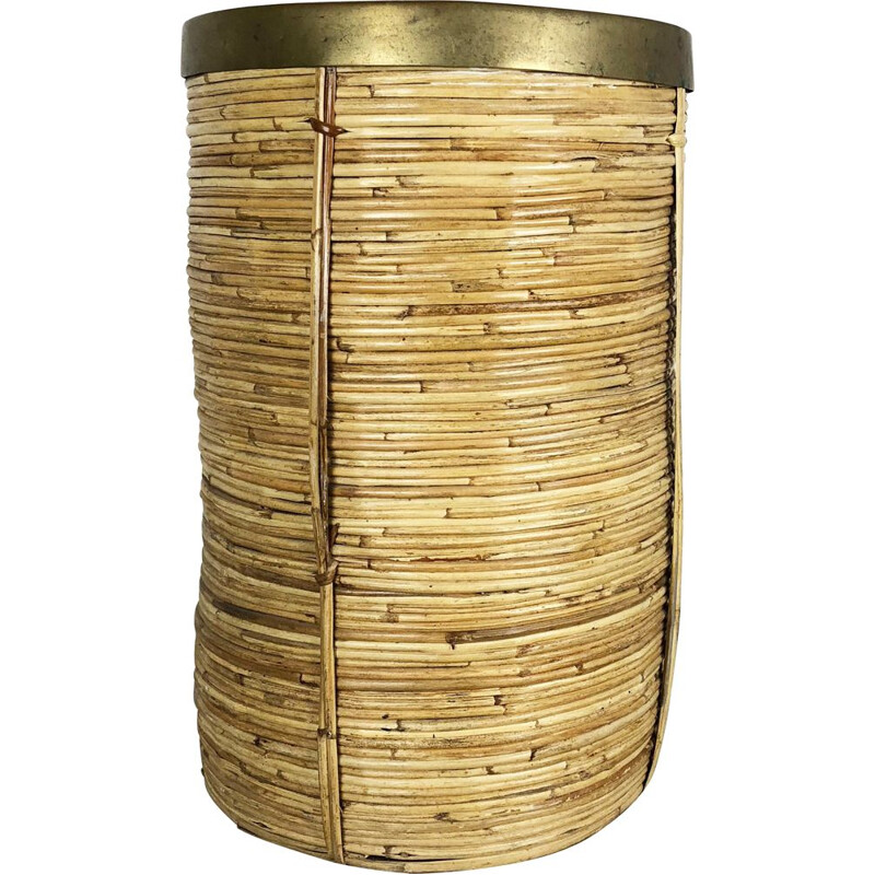 Vintage waste bin paper in rattan and Brass, Bauhaus, France, 1960s