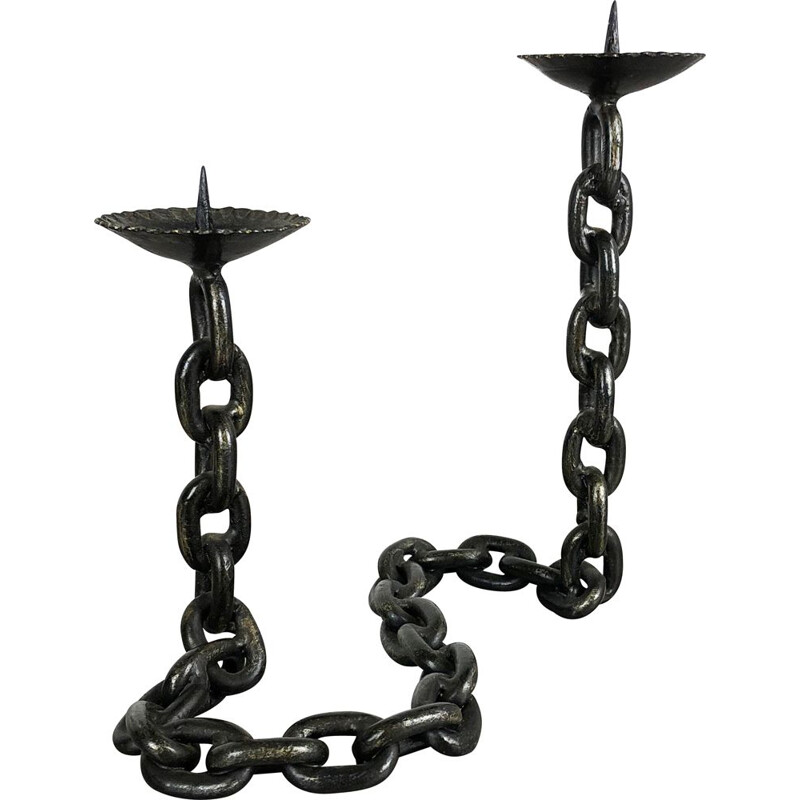 Vintage Brutalist Candleholder with Chain Metal, France, 1970s