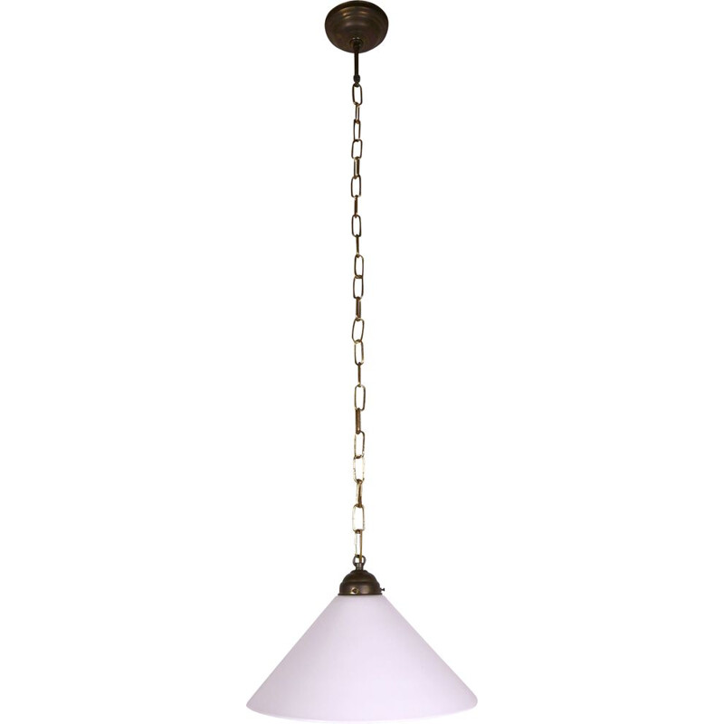 Vintage Hanging Lamp in Brass and white Glass, Germany 1940s