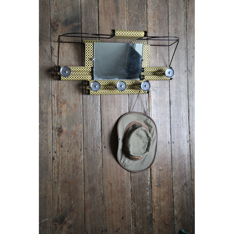 Vintage perforated metal coat rack with mirror, France, 1950s