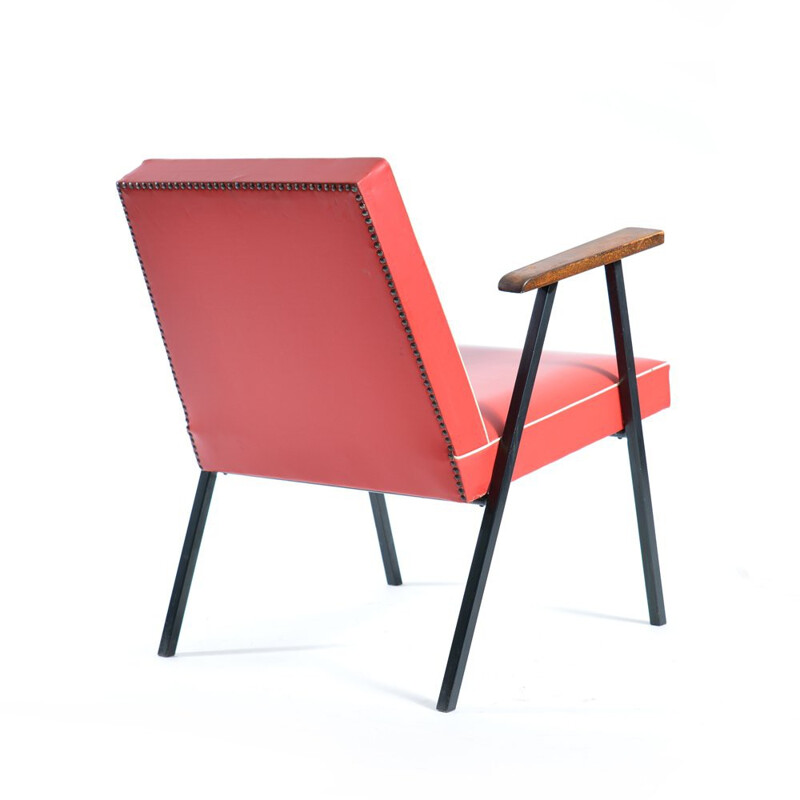Paire de fauteuils vintage en bois, métal et simili cuir rouge - 1940