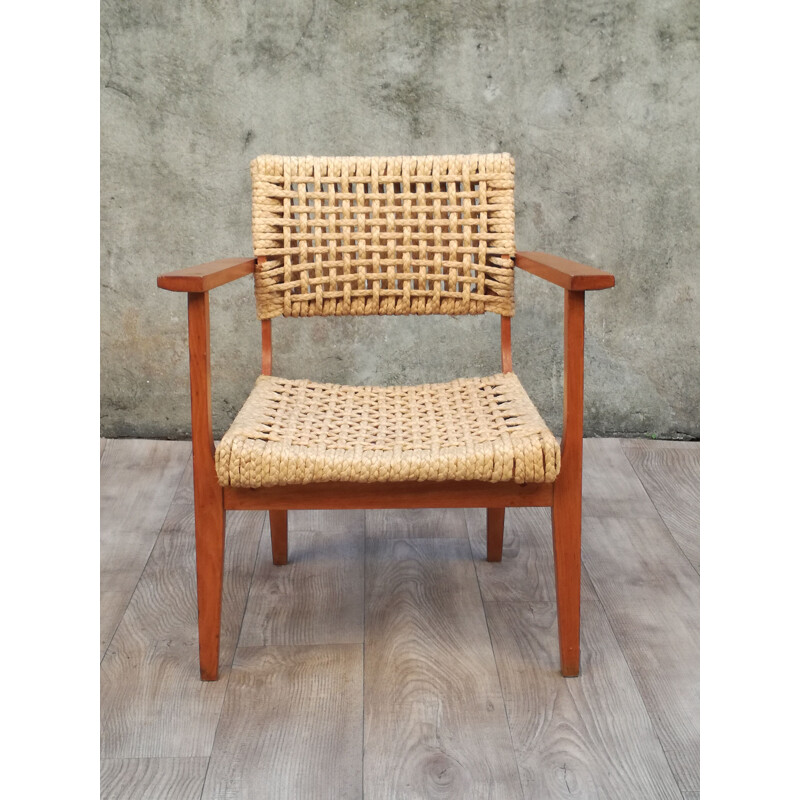 Vintage wooden armchair and braided rope by Adrien Audoux - Frida Minet, 1960s