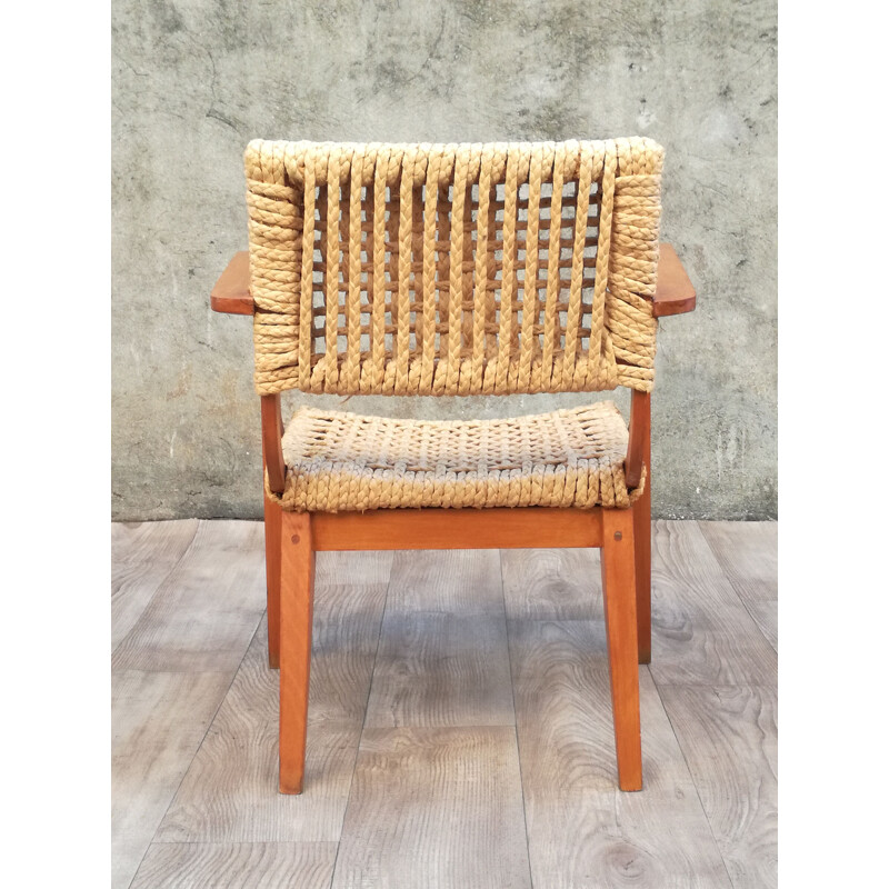 Fauteuil vintage en bois et corde tressée par Adrien Audoux & Frida Minet, 1960 