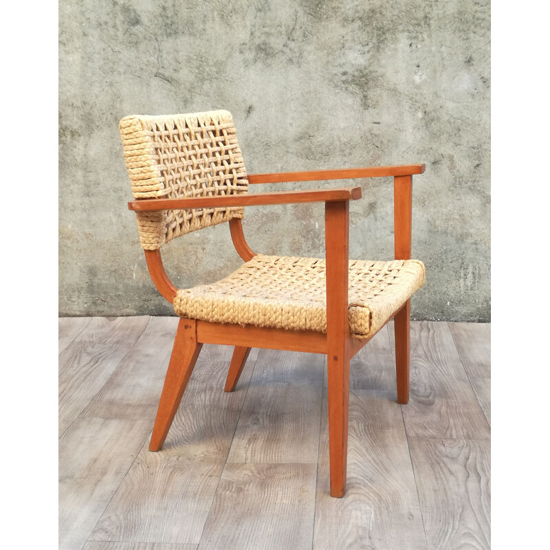 Fauteuil vintage en bois et corde tressée par Adrien Audoux & Frida Minet, 1960 