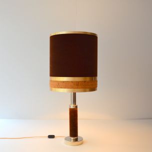 Lampe de table vintage en Laiton, velours et liège 1970