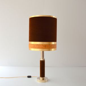 Vintage table lamp in Brass, velvet and cork 1970s