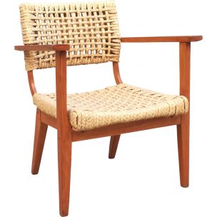 Vintage wooden armchair and braided rope by Adrien Audoux - Frida Minet, 1960s