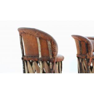 Vintage jungle design cow leather and wood stools 1970s, set of 4