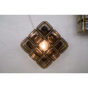 Pair of vintage geometric glass and brass wall lamps