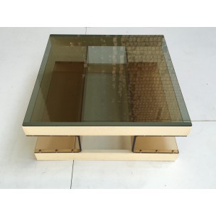 Vintage coffee table in smoked glass, plexiglass and wood, 1970