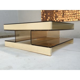 Vintage salontafel in gerookt glas, plexiglas en hout, 1970