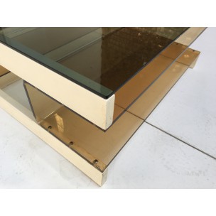 Vintage coffee table in smoked glass, plexiglass and wood, 1970